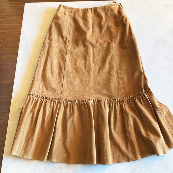 New! Weekend MaxMara tan brown suede long skirt, tiered ruffle (genuine leather) - Picture 3 of 8